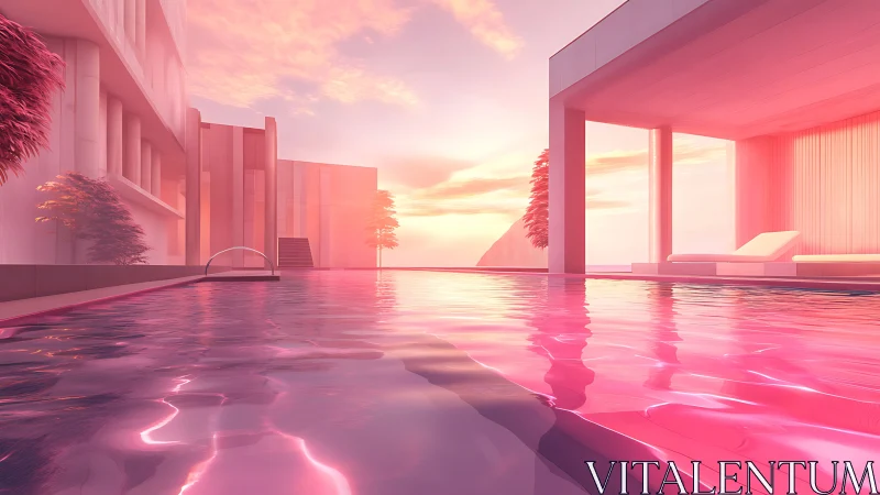 Modernist Architecture Pool at Sunset: Pink Neon Reflection.