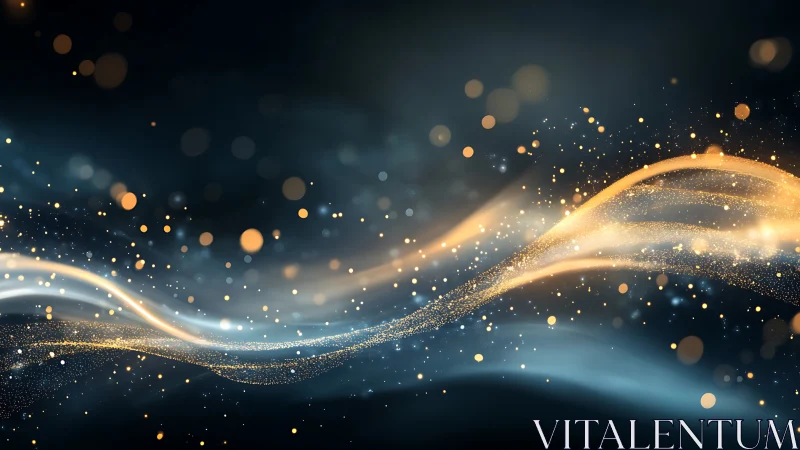 Gold light waves and glittering particles on deep space field.