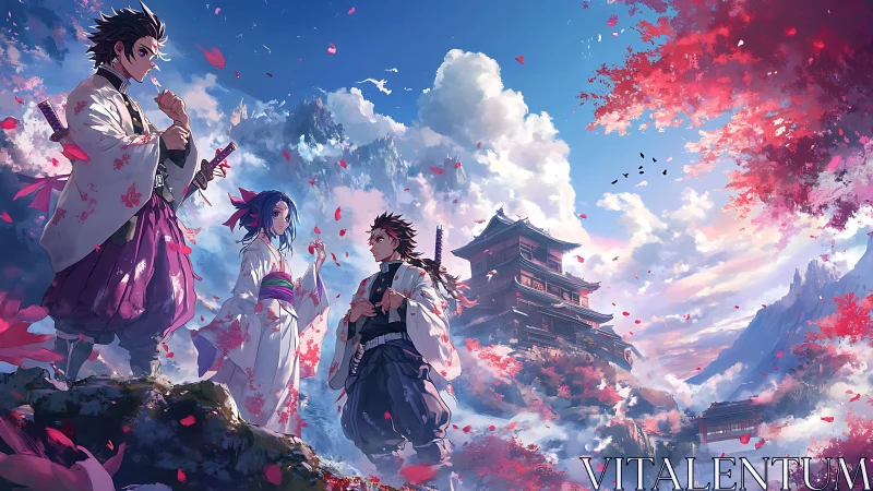Samurai friends beneath drifting petals and cloud castles.