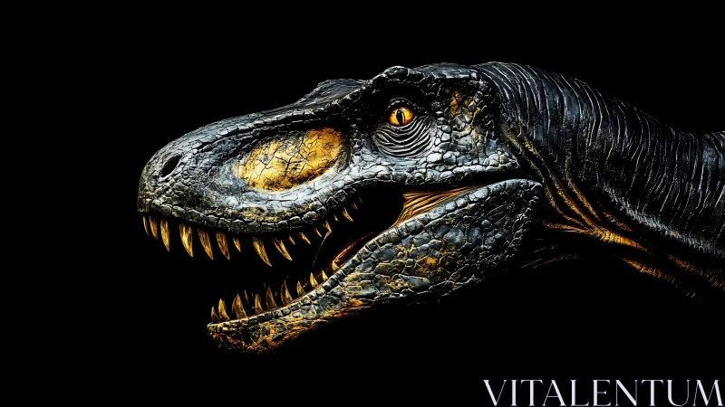 Dinosaur head profile shows textured scales and sharp teeth