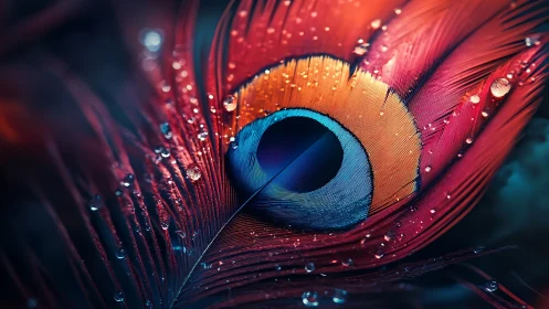 Macro close-up isolates peacock feather eye with droplets