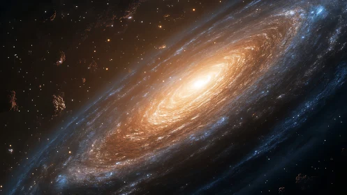 Spiral galaxy core glowing amid drifting cosmic debris.