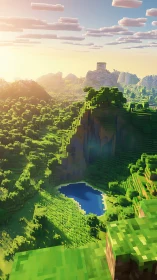 Sunrise spills over voxel valleys and a secret blue lake