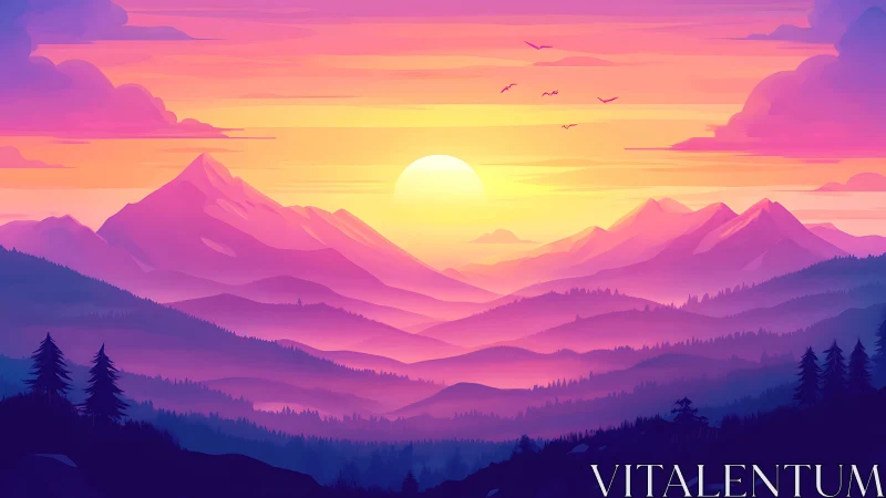 Sunset dreamscape over misty violet mountain valleys.