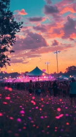 Chromatic dusk festival crowd under luminant skyfield.