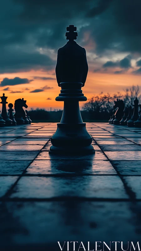 Sunset strategy with a lone king on a quiet chessboard.