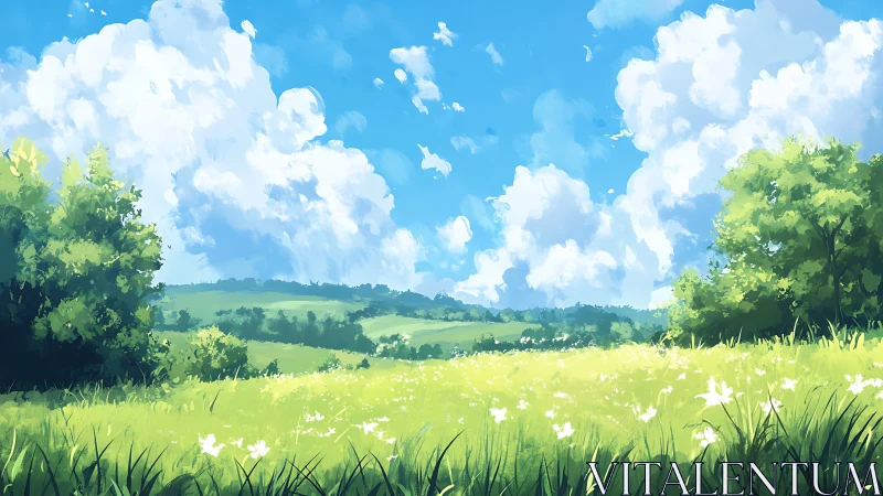 Sunlit wildflower meadow dreaming under towering summer clouds.