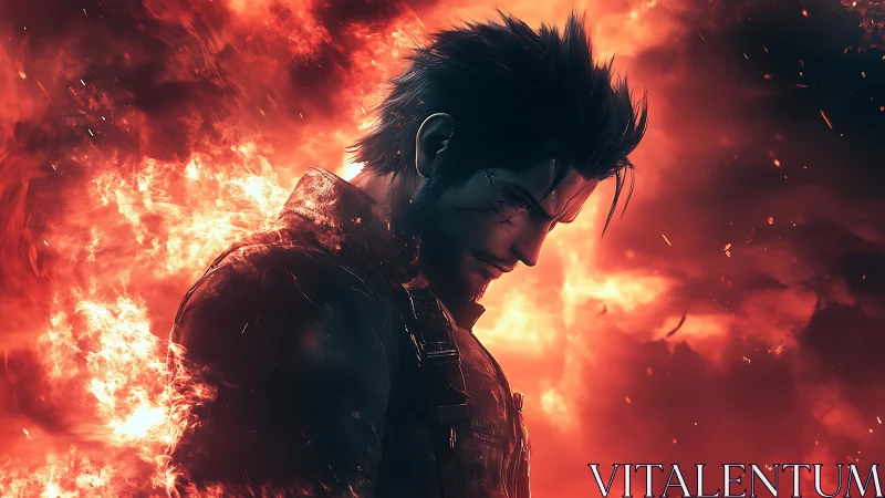 Profile view of digital warrior amid intense red flames.