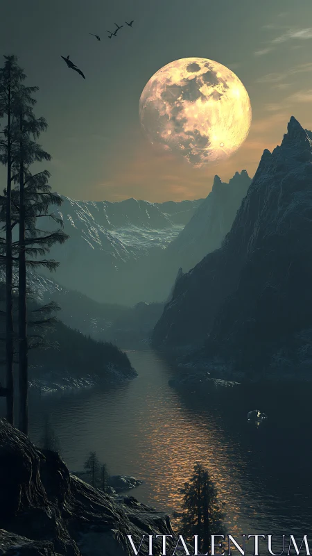 Luminous supermoon rises above icy mountain river valley.