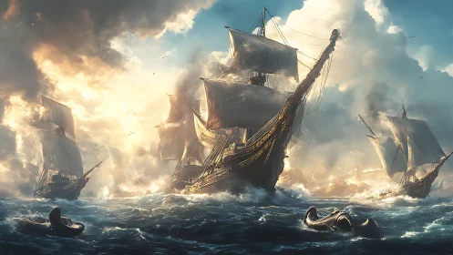 Stormy sea battle with three large sailing warships