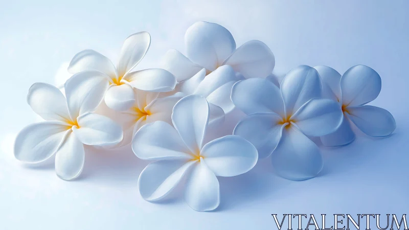White Plumeria Flowers with Golden Centers on Soft Blue.