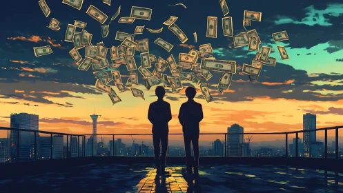 Sunset rooftop skyline with floating dollar bills and silhouettes.