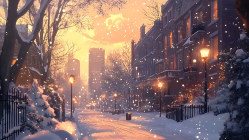 Winter city street glows under soft golden snowfall.