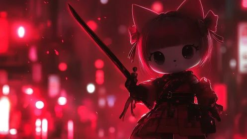 Cyberpunk chibi cat-warrior in neon-lit red cityscape focus.