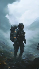 Solitary sci fi wanderer crosses a fog drenched mountain pass