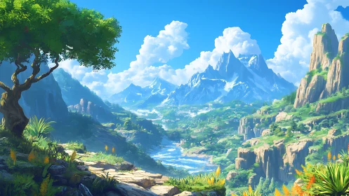 Vast emerald valley beneath towering snowlit mountains.