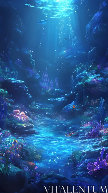Iridescent undersea canyon with luminous coral gardens.
