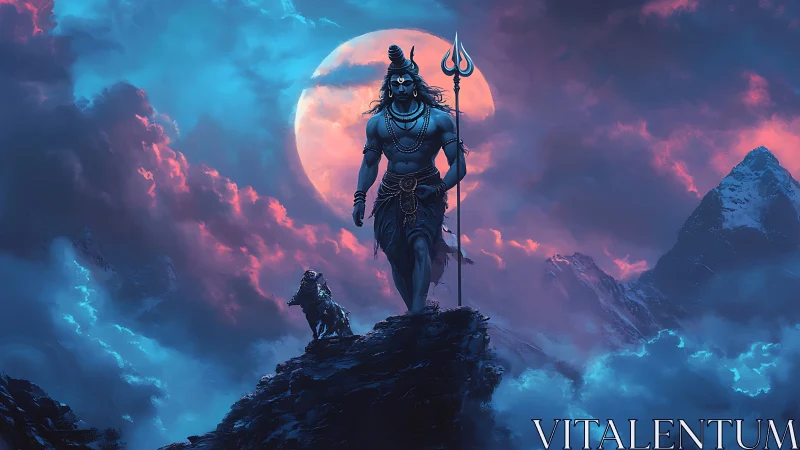 Mythic blue deity strides across clouded peaks under lunar backlight