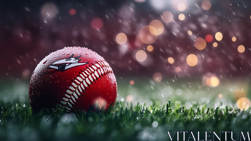 Red wet baseball on grass under dramatic stadium bokeh.