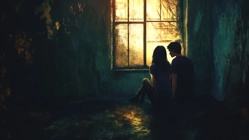 Two Figures in Decayed Interior Space with Golden Window Light.