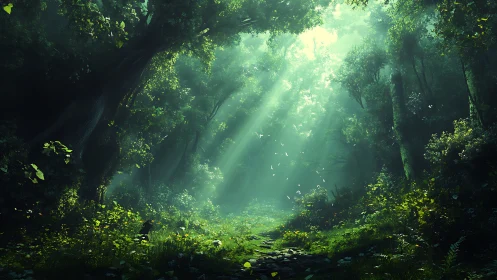 Dense Forest Canopy with Volumetric Light Rays and Misty Undergrowth