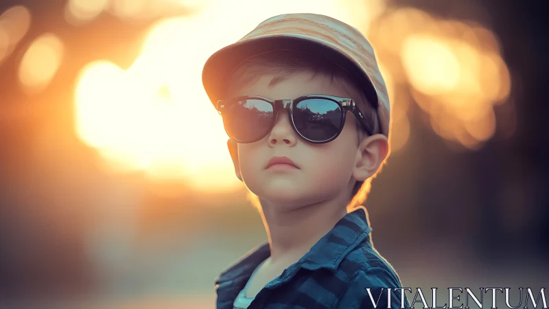 Young subject wears sunglasses and cap against golden sunset bokeh lighting.