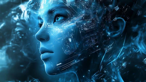 Cybernetic blue female face merged with digital circuits.
