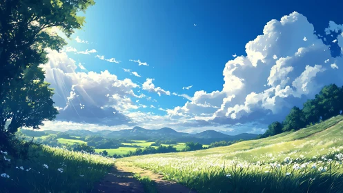 Sunlit wildflower valley under towering summer clouds.