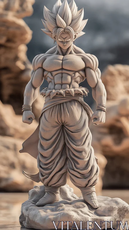 Hyper-detailed stone warrior figurine on eroded rocky plinth.