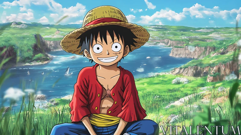 Straw-hatted anime boy resting by vivid coastal cliffs.