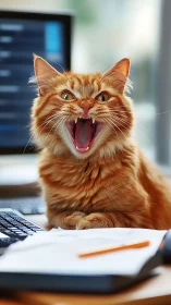 Exuberant Ginger Tabby Articulating Wide-Mouthed Expression at Workspace.