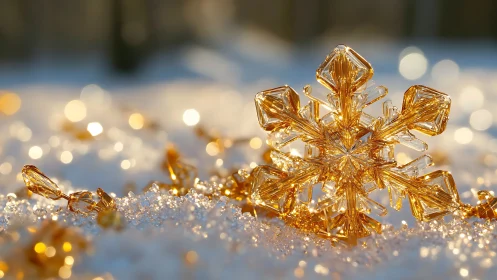 Golden crystal snowflake rests on sunlit winter snow