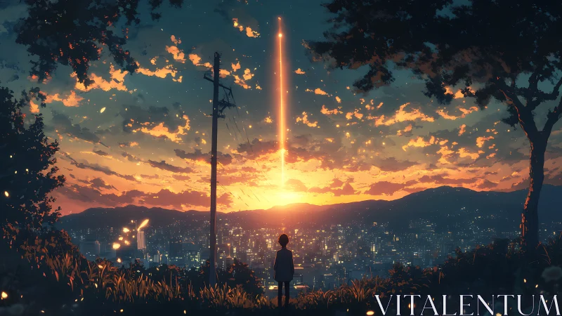 Celestial light pillar over dusk city from hilltop viewpoint.