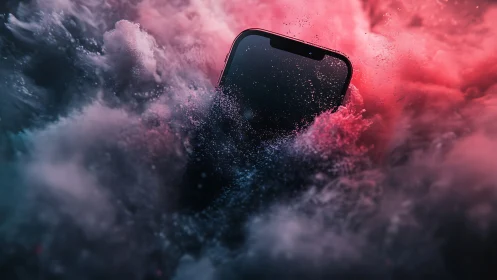 Smartphone emerging through dense colored vapor cloud.