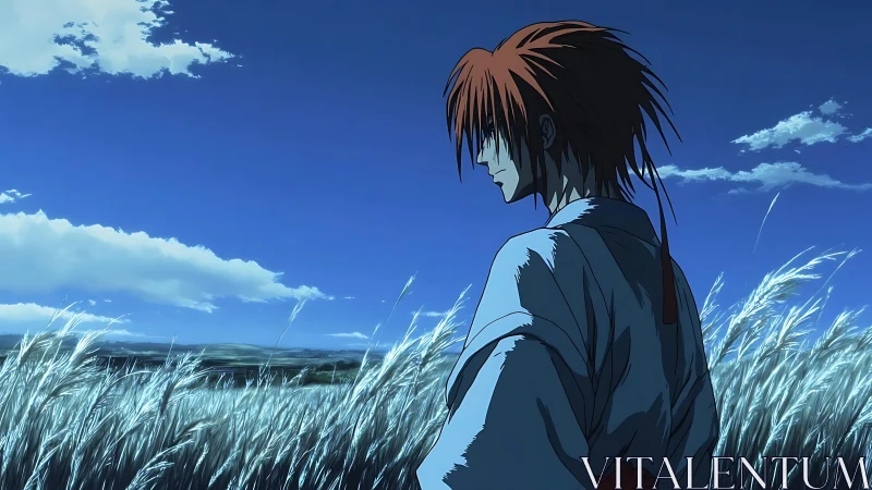 Solitary anime wanderer contemplates beneath a vast blue sky