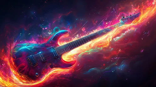 Electric guitar engulfed in neon plasma flames, dark void