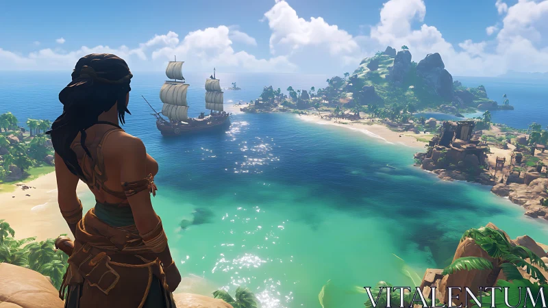 Female Adventurer Gazes Upon Tropical Island Paradise.