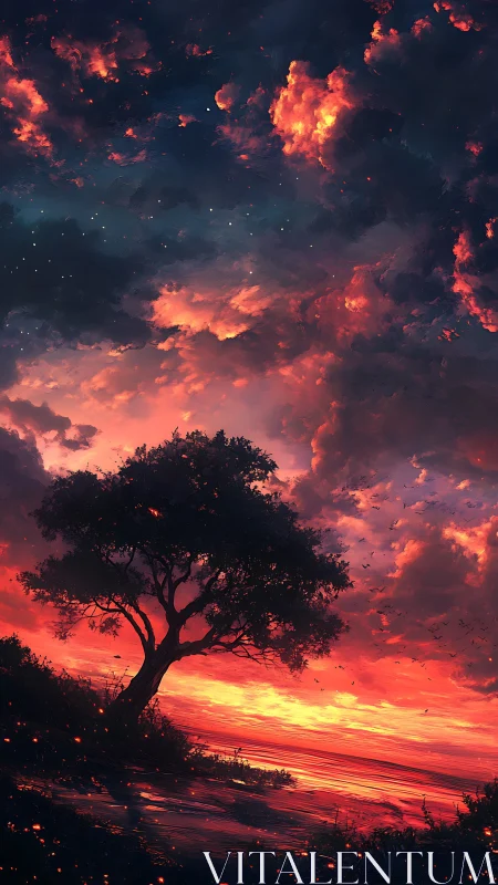 Solitary Tree Glows Against a Burning Sunset Sky
