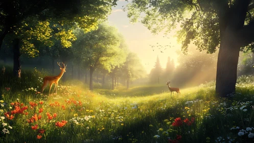 Tranquil Deer in Sunlit Forest Clearing, Realistic Digital Art.