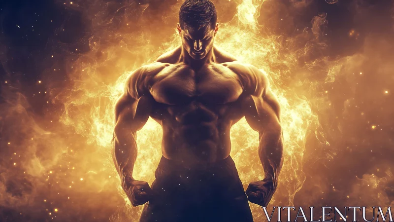 Muscular warrior stands in blazing golden energy aura