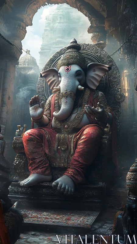 Elephant-headed deity enthroned in misted temple corridor.