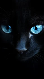 Black Cat with Striking Blue Eyes in Darkness.