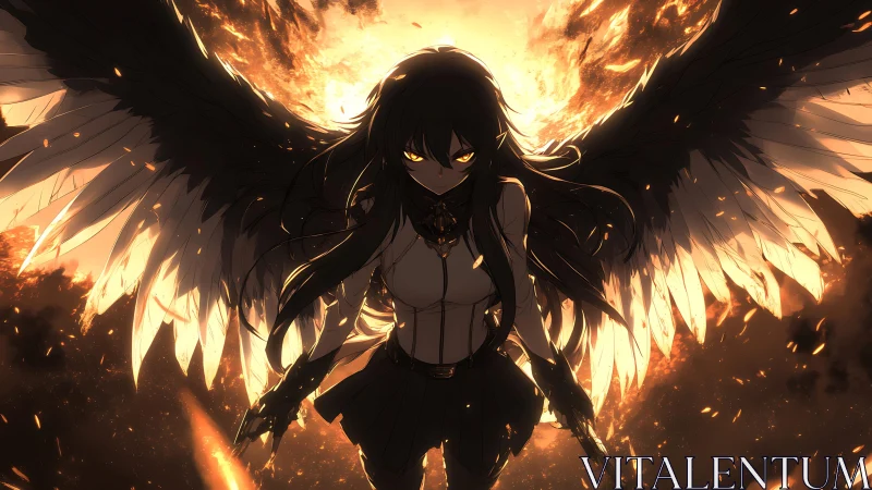 Winged dark warrior framed by molten celestial inferno.