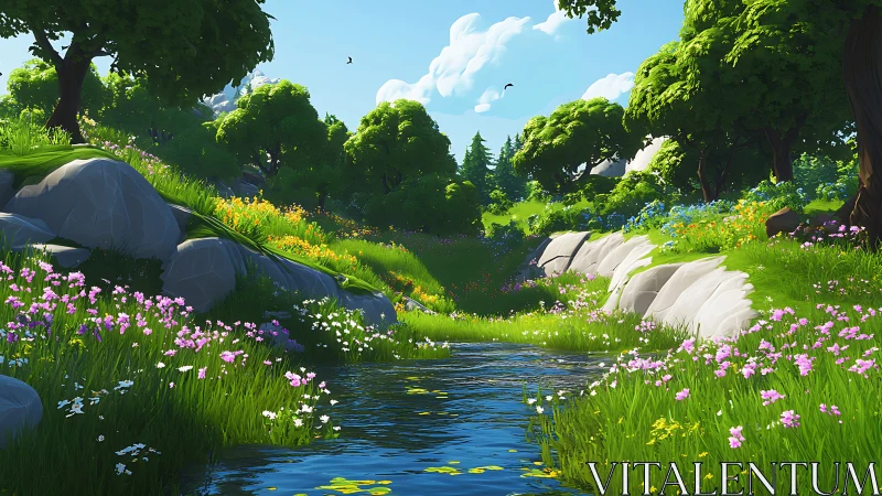 Sunlit meadow stream hums softly through wildflower valleys