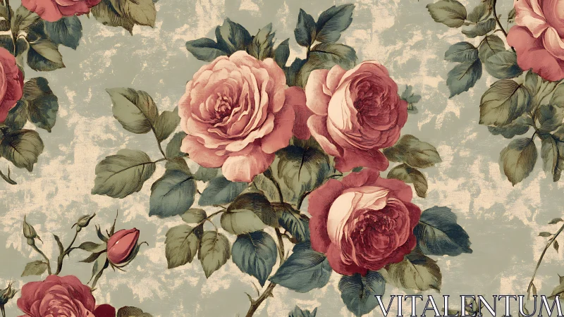 Vintage botanical rose cluster pattern on distressed ground.