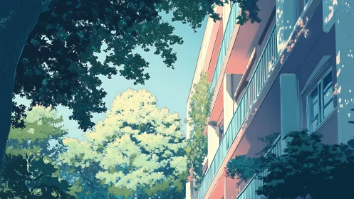 Sunlit modern balcony block framed by lush summer foliage.