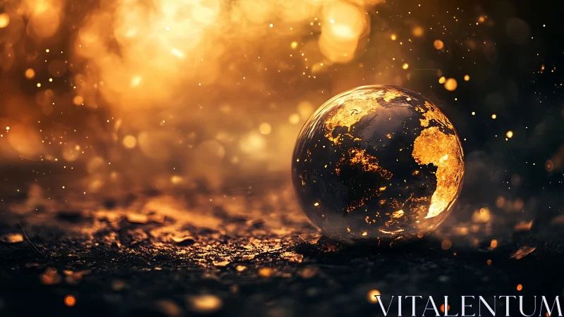 Glowing earth sphere rests in fiery golden bokeh haze.
