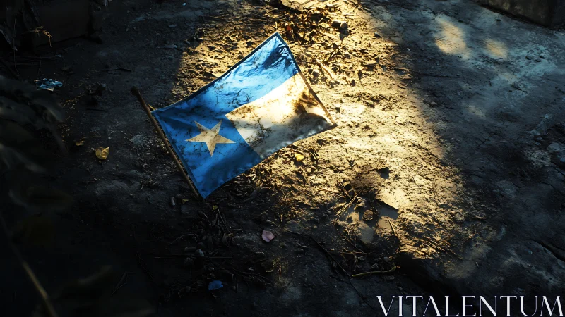 Tattered blue and white flag illuminated on debris-strewn ground
