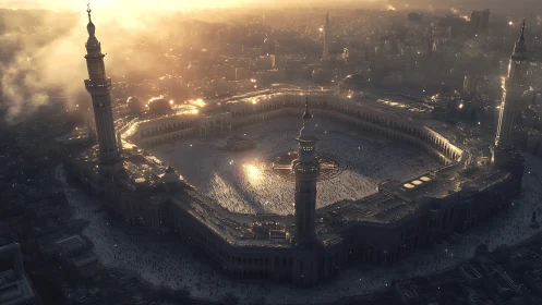 Sunlit sanctuary drifts through mist above a living city