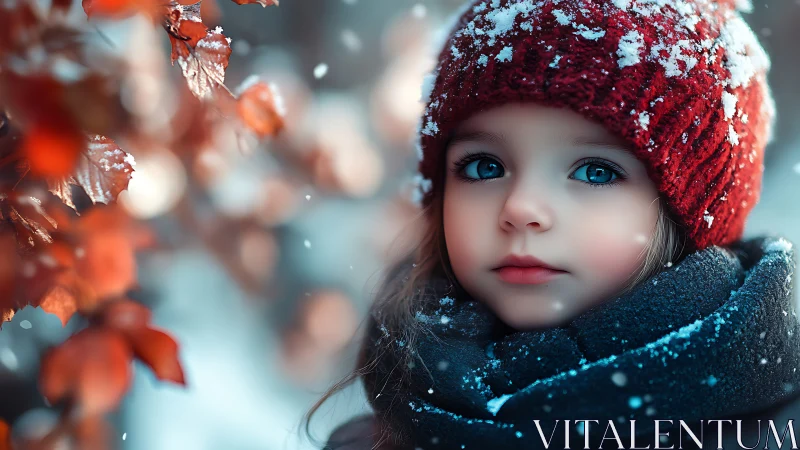 Child in Winter Snow, Red Beanie and Frost.